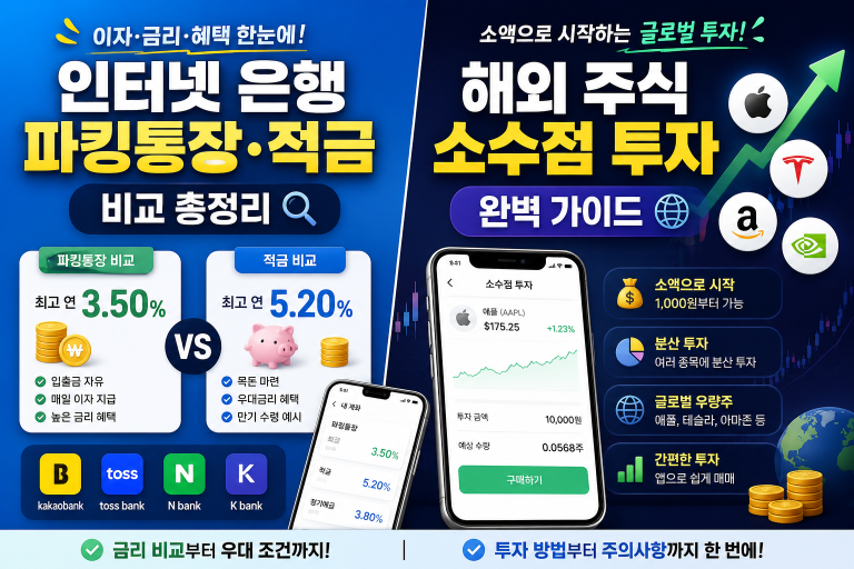 [스마트 파이낸스] 인터넷 은행 파킹통장·적금 비교 및 해외 주식 소수점 투자 가이드
