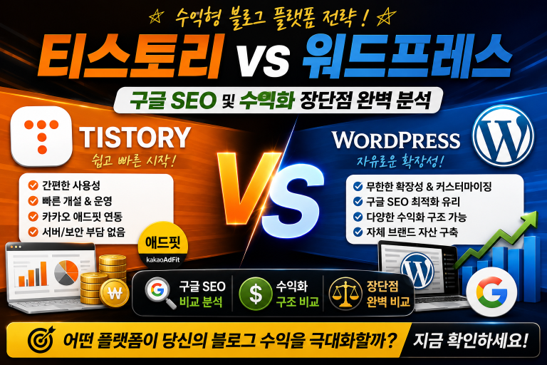 수익형 블로그 플랫폼 전략: 티스토리 vs 워드프레스 구글 SEO 및 수익화 장단점 완벽 분석