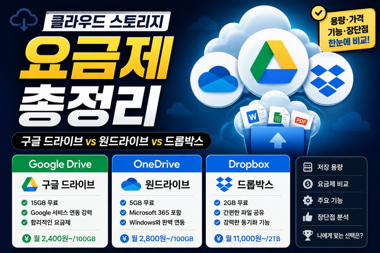 클라우드 스토리지 요금제 총정리: 구글 드라이브 vs 원드라이브 vs 드롭박스